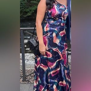 Nicole Miller one shoulder maxi pattern dress.